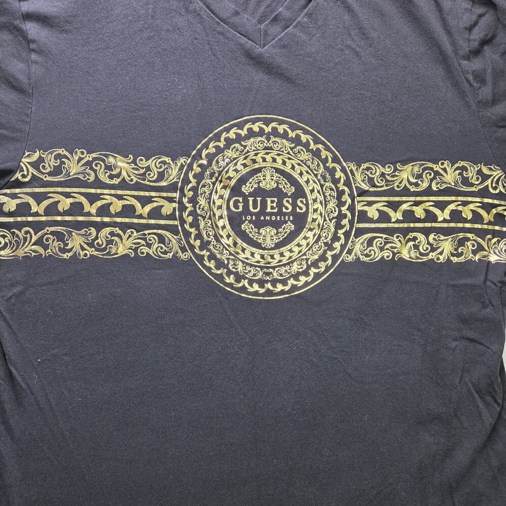 GUESS Men's Black Gold Baroque Medallion V-Neck T-Shirt XL - Picture 4 of 6